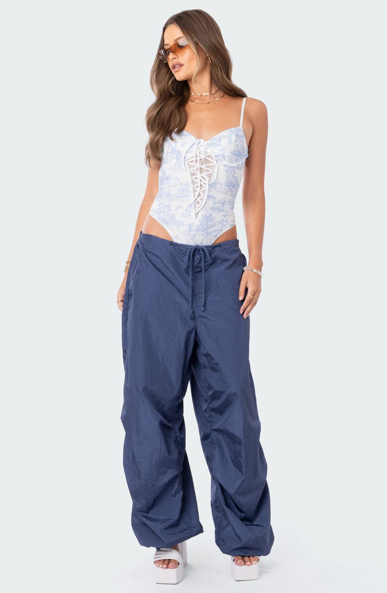 EDIKTED Delft Print Cupped Lace-Up Bodysuit, Alternate, color,