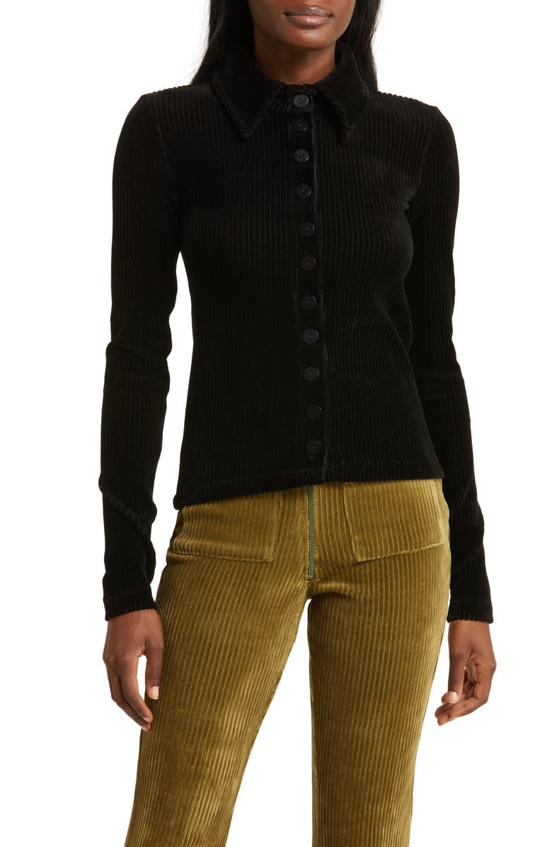 KkCo Scallop Rib Velour Button-Up Shirt, Alternate, color, 