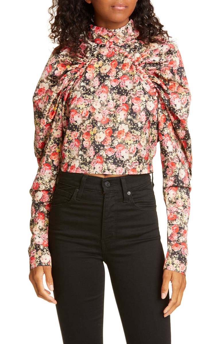 ROTATE Kim Floral Puff Sleeve Crop Top, Main, color,