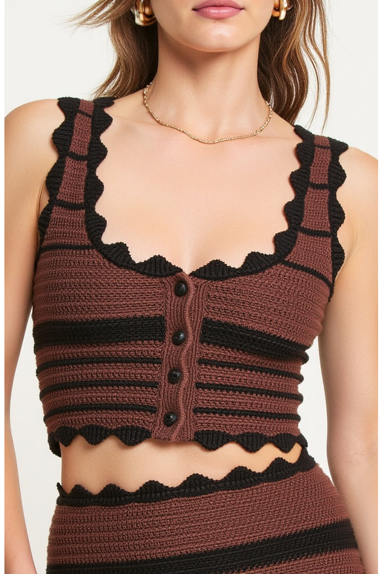 Scallop Trim Crochet Crop Top and Maxi Skirt Set, Alternate, color, Brown / Black Striped