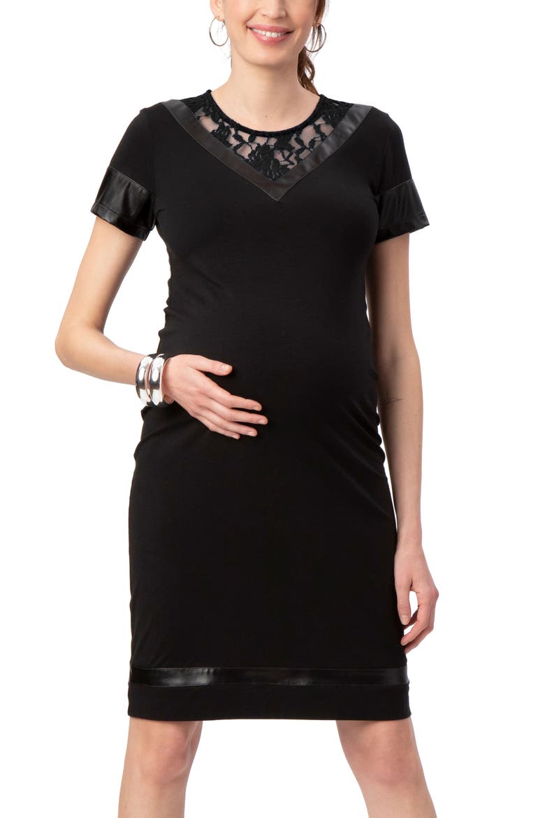 Lace & Faux Leather Detail Maternity Dress, Main, color, BLACK