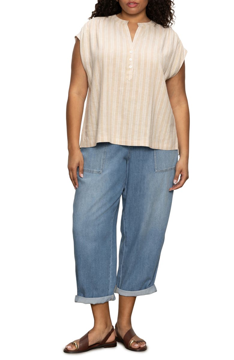 Sanctuary By The Bay Stripe Short Sleeve Linen Blend Button-Up Shirt, Alternate, color, Sandstone Stripe