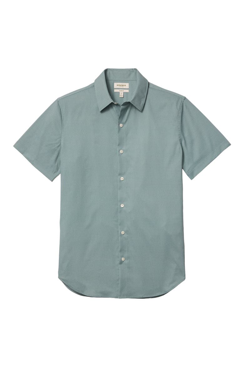 Tech Slim Fit Geo Performance Short Sleeve Button-Up Shirt, Alternate, color, GREEN WAVES GEO