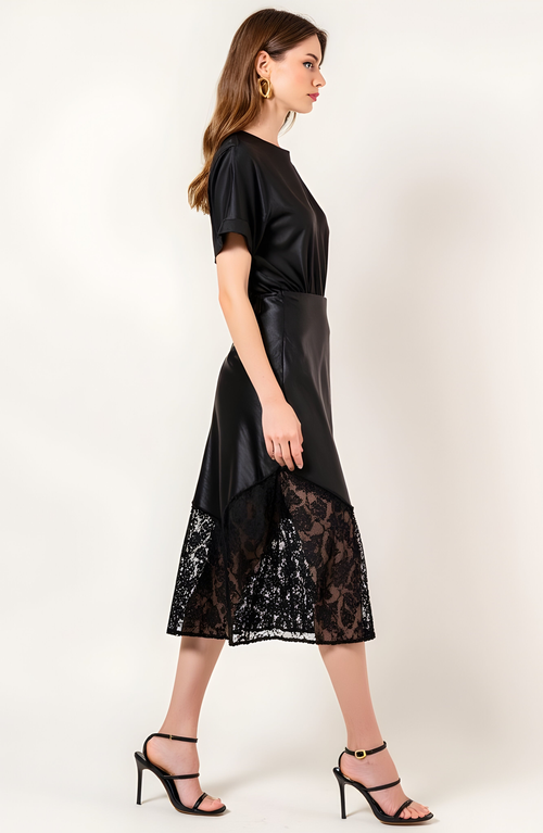 Modenaire Asymmetrical Satin Midi Skirt With Sheer Lace Hem And Fitted Waist In Black