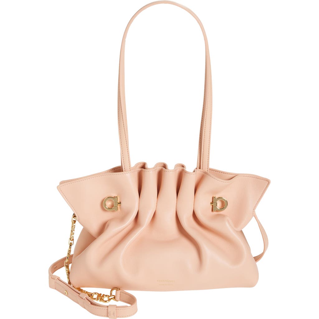 Ferragamo Small Gancio Piercing Soft Leather Shoulder Bag In Plaster