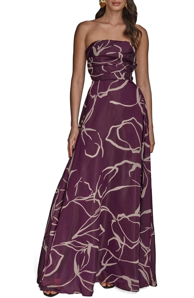 Donna Karan New York Abstract Print Strapless Gown, Main, color, Prune