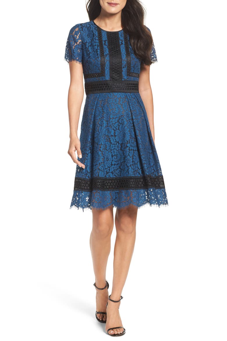 Lace Fit & Flare Dress, Main, color, TEAL