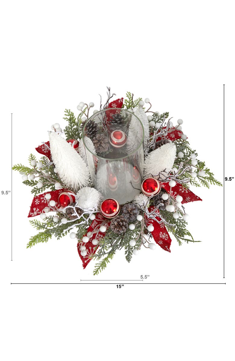 NEARLY NATURAL 15-in Holiday Lighted Forest Candle Holder Table Christmas Artificial Arrangement, Alternate, color, Red/White/Green