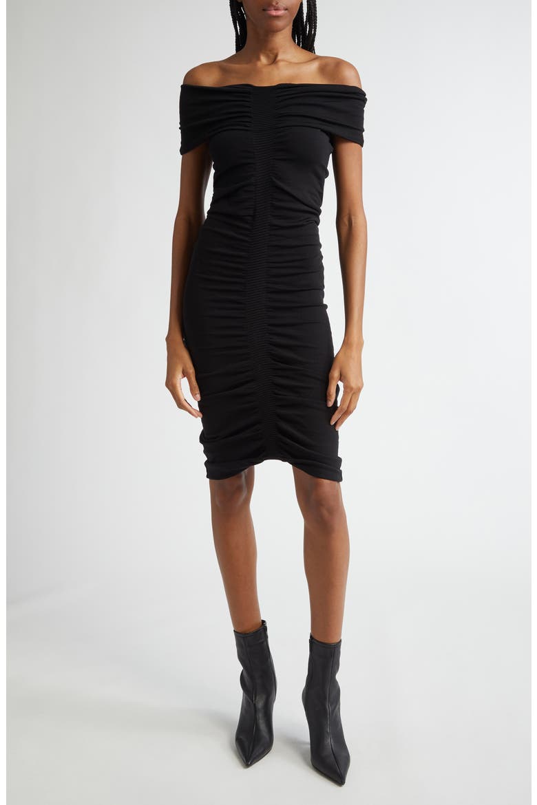 Ruched Off the Shoulder Minidress, Main, color, BLACK