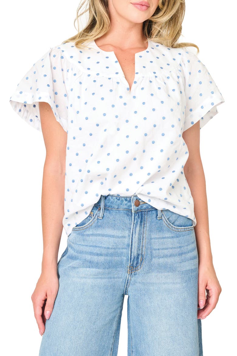 Flutter Sleeve Top, Main, color, WHITE DENIM DOT