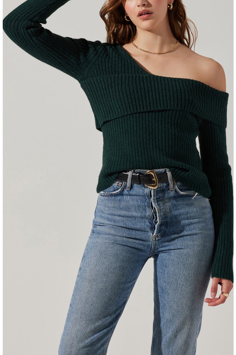 Asymmetric Foldover One-Shoulder Rib Sweater, Alternate, color, DEEP GREEN
