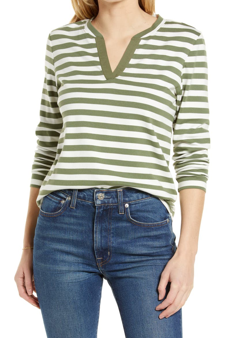 Split Neck Long Sleeve T-Shirt, Main, color, GREEN SORREL CHARM STRIPE