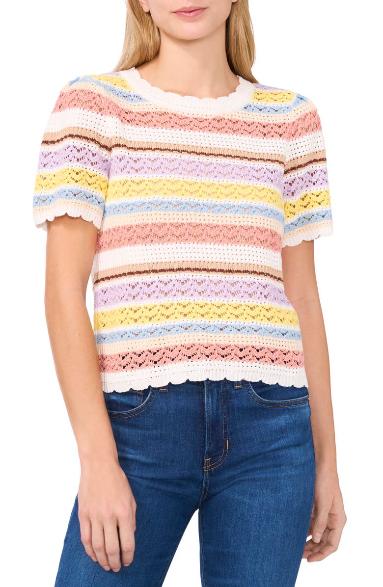CeCe Stripe Pointelle Stitch Short Sleeve Cotton Sweater, Main, color, 