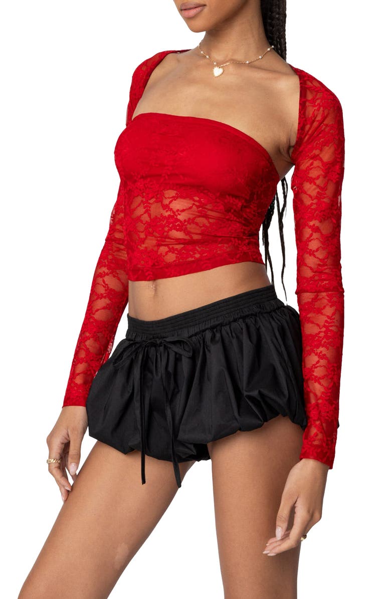 EDIKTED Addison Sheer Lace Tube Top & Bolero Set, Alternate, color, Red