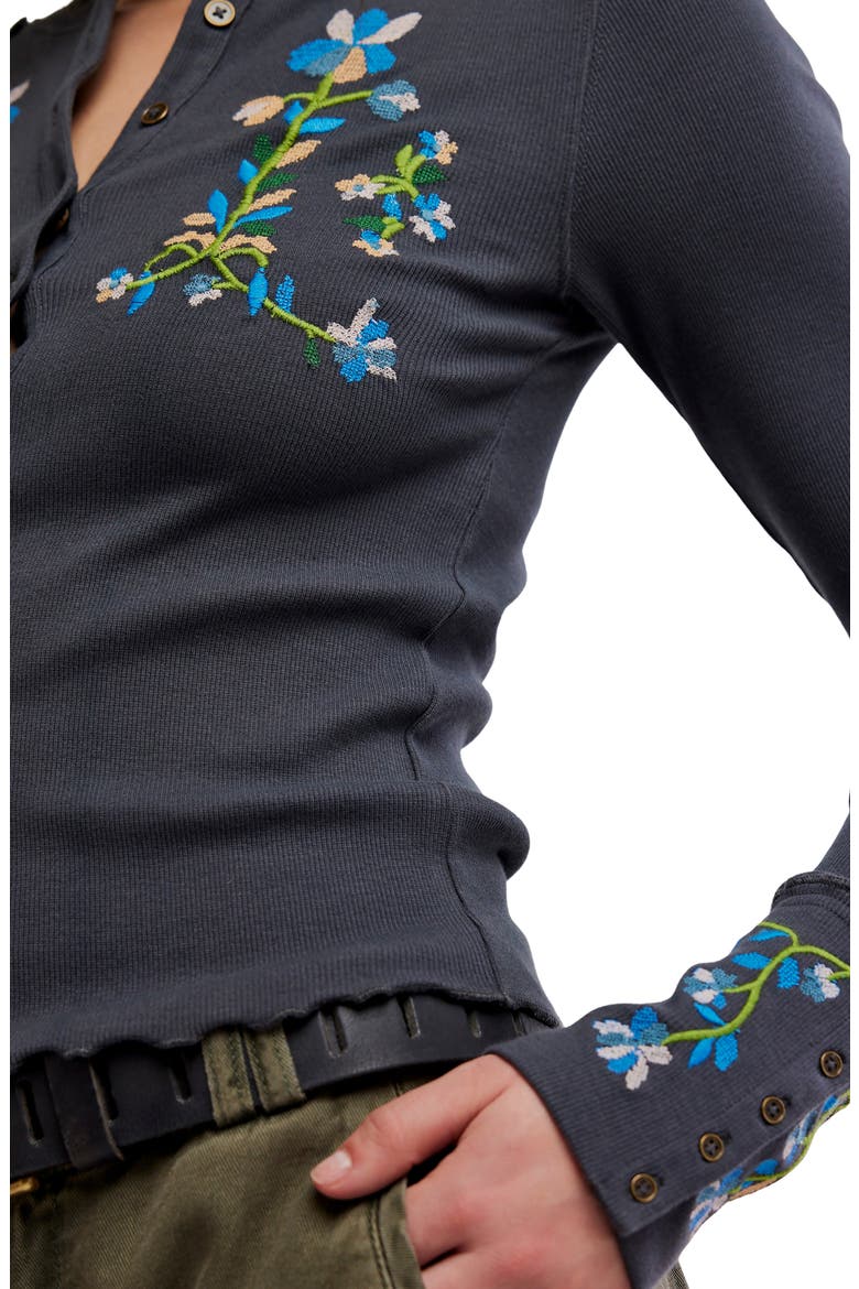 Fleur Embroidered Henley Top, Alternate, color, GRAPHITE COMBO