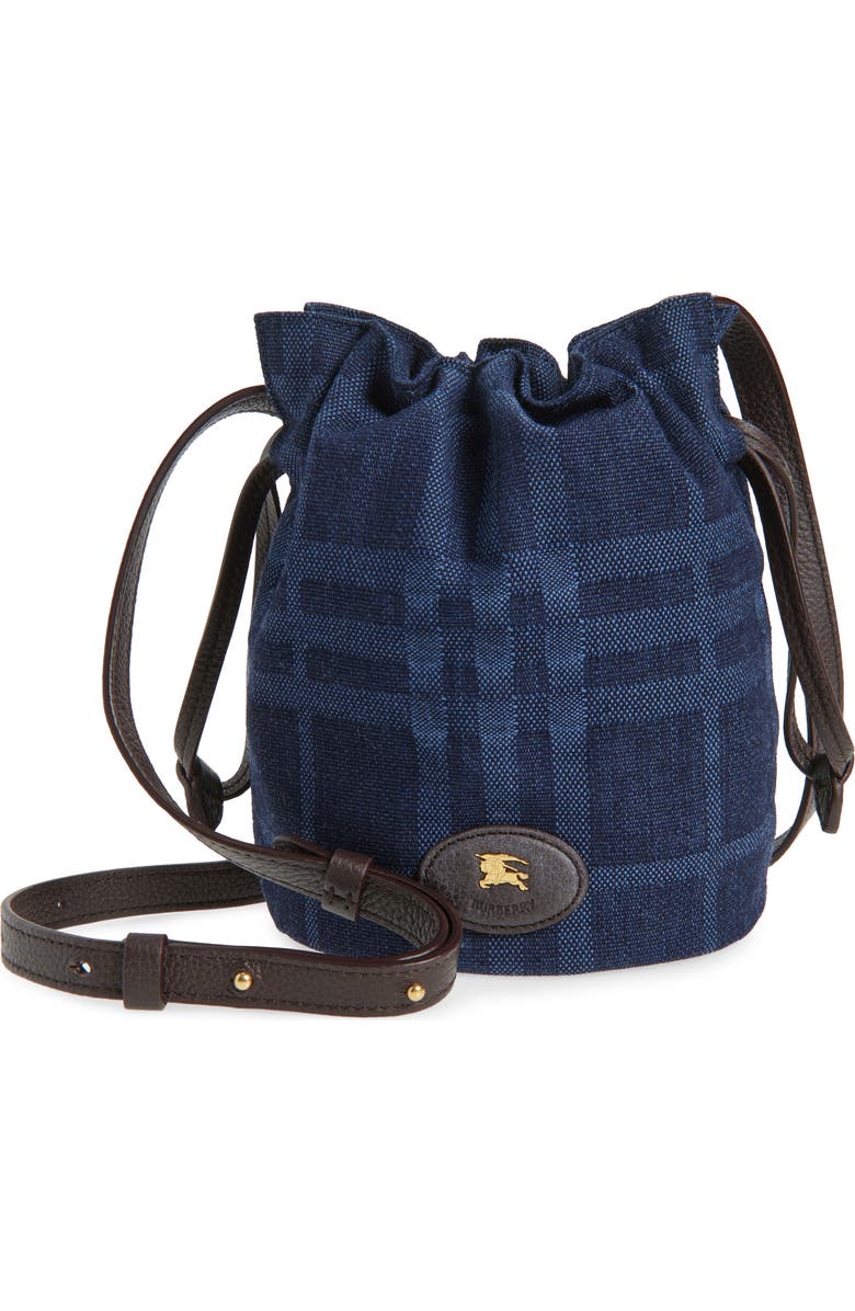 Burberry Mini Horseshoe Denim Crossbody Bucket Bag, Main, color, Blue