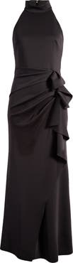 Xscape Evenings Ruffle Halter Neck Scuba Knit Gown