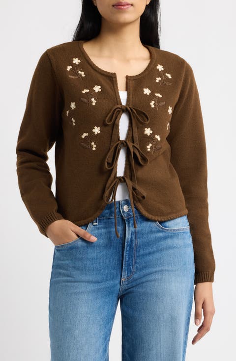 Embroidered Tie Front Cardigan