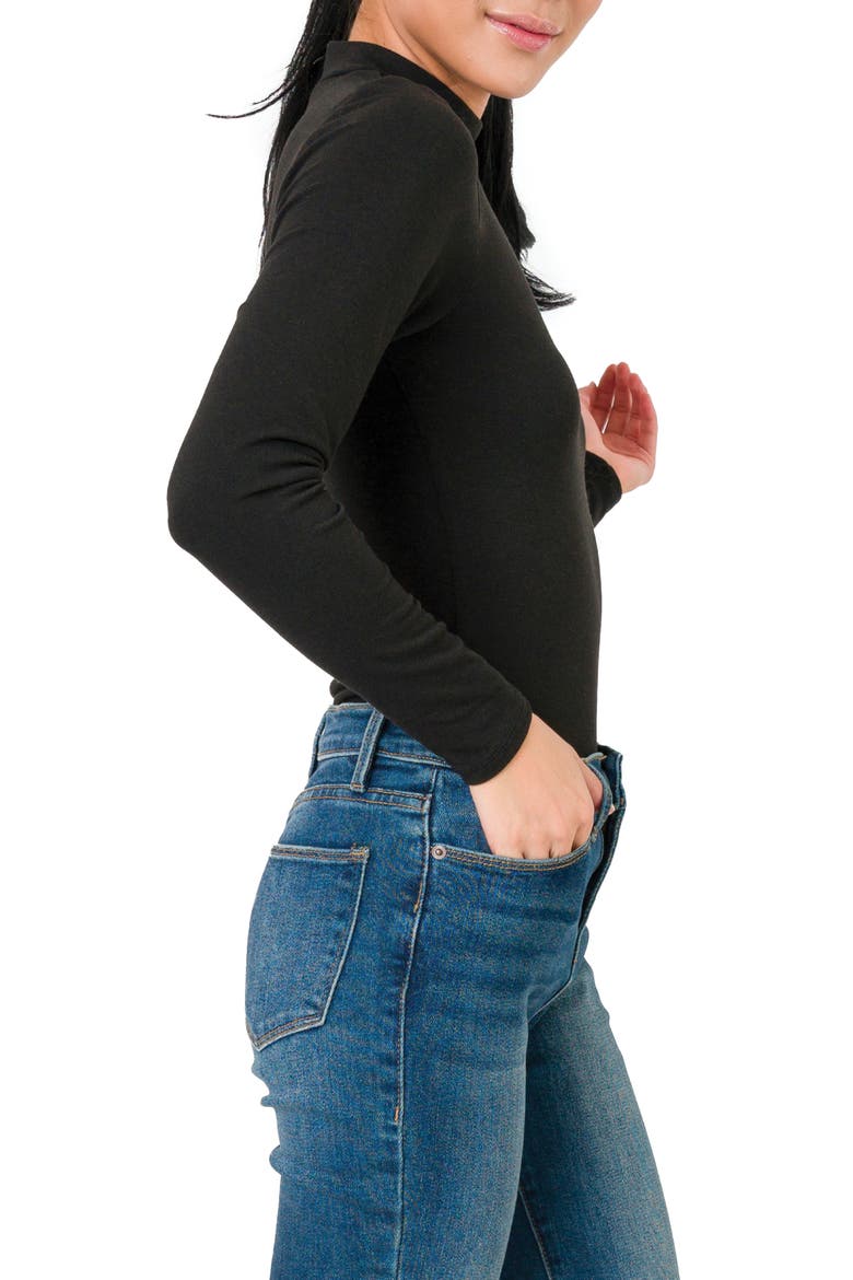 Mock Neck Long Sleeve Thong Bodysuit, Alternate, color, BLACK
