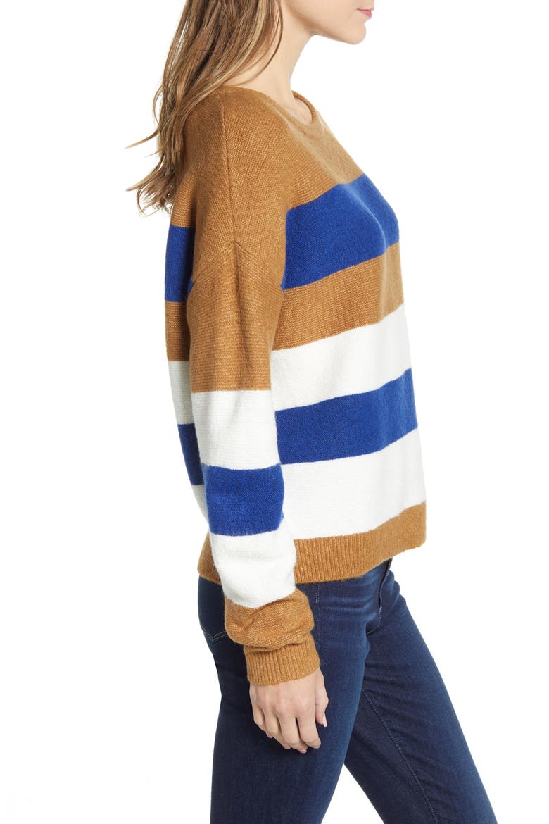 Shoulder Button Sweater, Alternate, color, TAN- BLUE IVORY BLOCK STRIPE