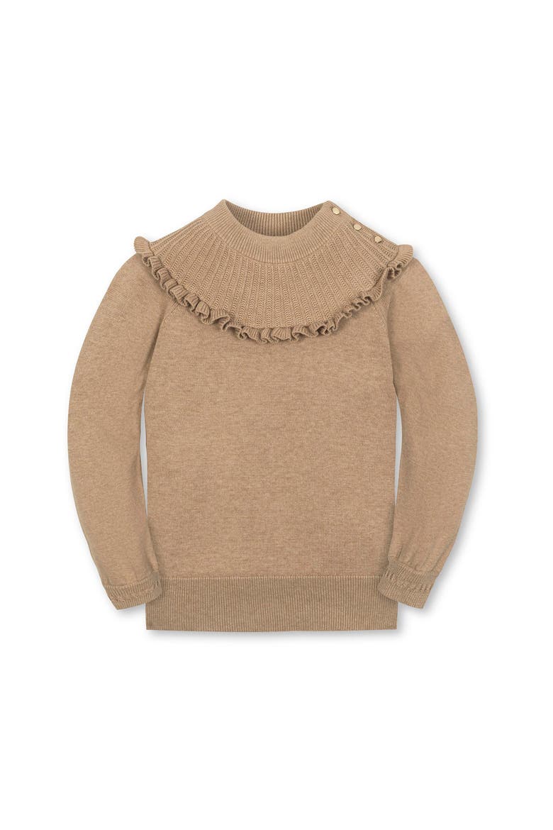 Kids' Organic Long Sleeve Mock Neck Sweater with Ruffle, Main, color, Camel Heather