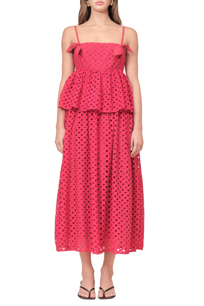 Eden Cotton Eyelet Peplum Midi Dress, Main, color, RUBY EYELE