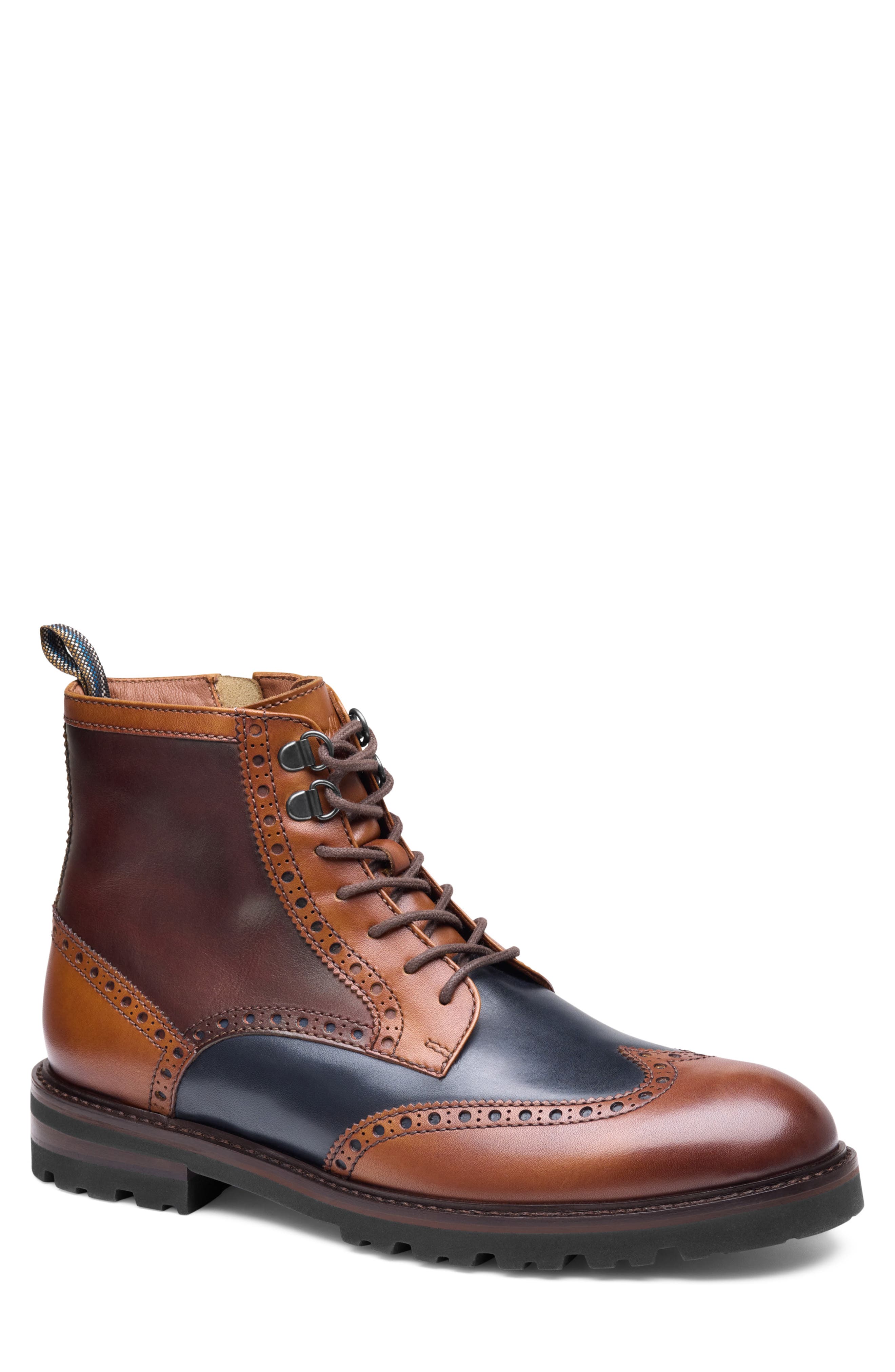 Britton Leather Wingtip Boot, Main, color, TAN/ NAVY/ BURGUNDY