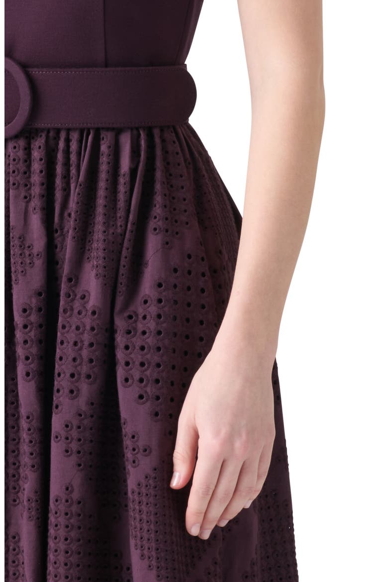 Mixed Media Diamond Eyelet Belted Midi Dress, Alternate, color, BLACKBERRY