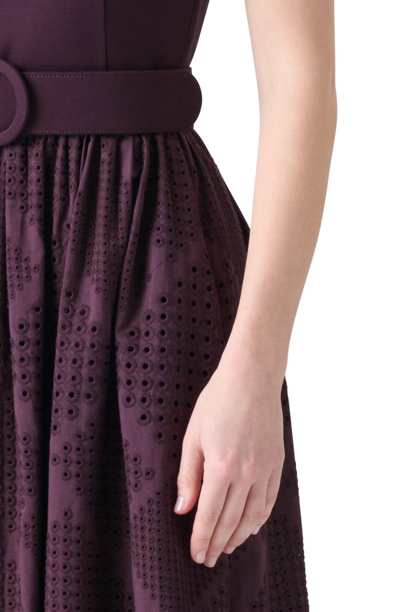 Akris punto Mixed Media Diamond Eyelet Belted Midi Dress, Alternate, color, Blackberry