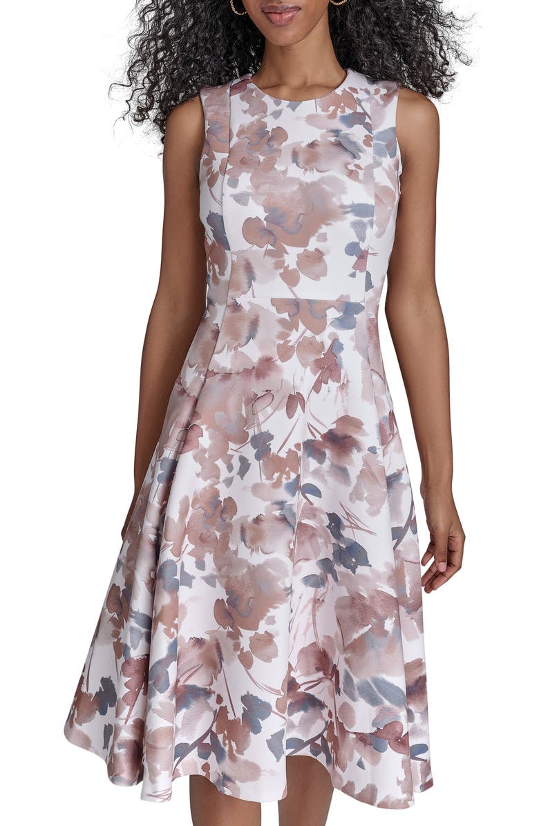 Calvin Klein Floral Sleeveless Fit & Flare Midi Dress, Alternate, color, Luggage Multi