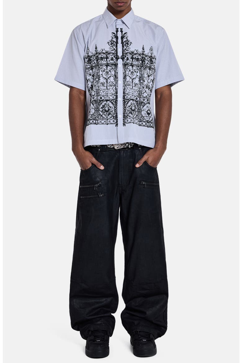 Overprinted Pinstripe Short Sleeve Graphic Button-Up Shirt, Alternate, color, GREY