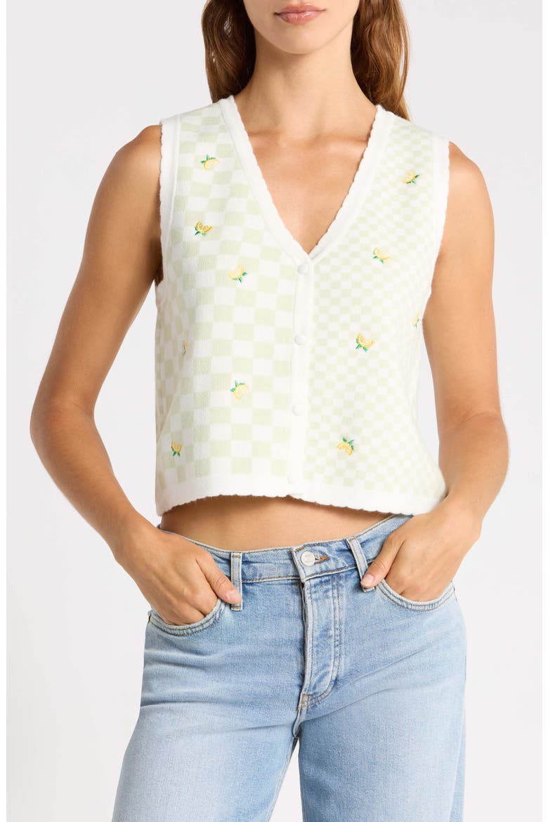 Lemon Embroidered Checkered Sweater Vest, Main, color, CREAM SAGE