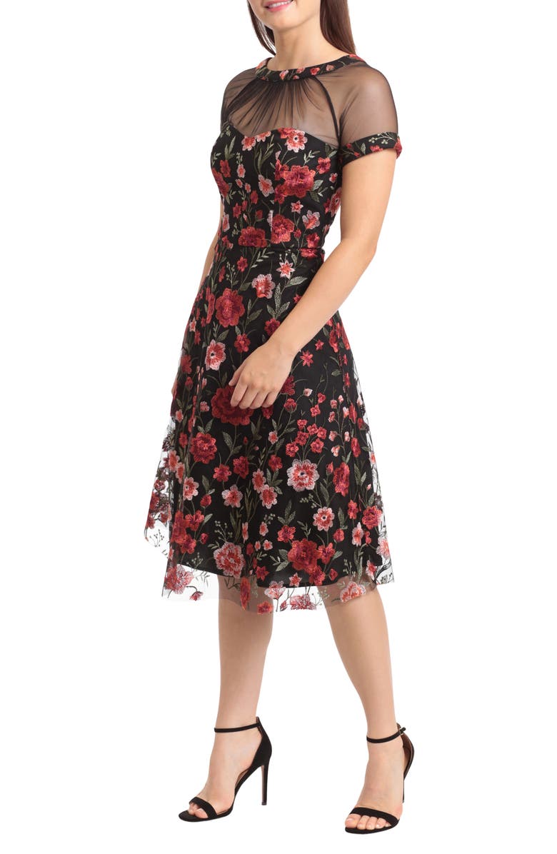 Maggy London Illusion Yoke Floral Embroidered Midi Cocktail Dress, Alternate, color,