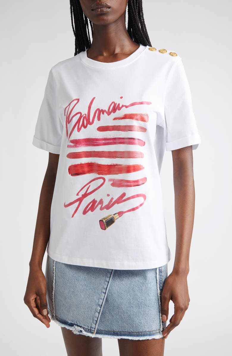 Balmain 3-Button Lipstick Graphic T-Shirt, Alternate, color, 