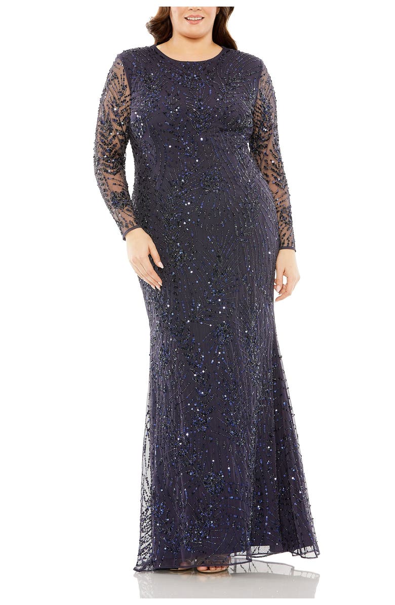 Mac Duggal Long Sleeve Mesh Embellished Gown, Main, color, Midnight