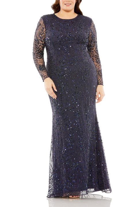 Long Sleeve Mesh Embellished Gown