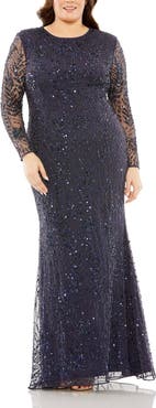 Mac Duggal Long Sleeve Mesh Embellished Gown