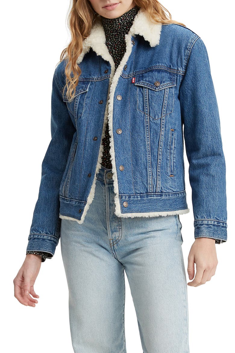 Levi's® Ex-Boyfriend Faux Shearling Denim Trucker Jacket, Main, color, WILD AND WOOLY