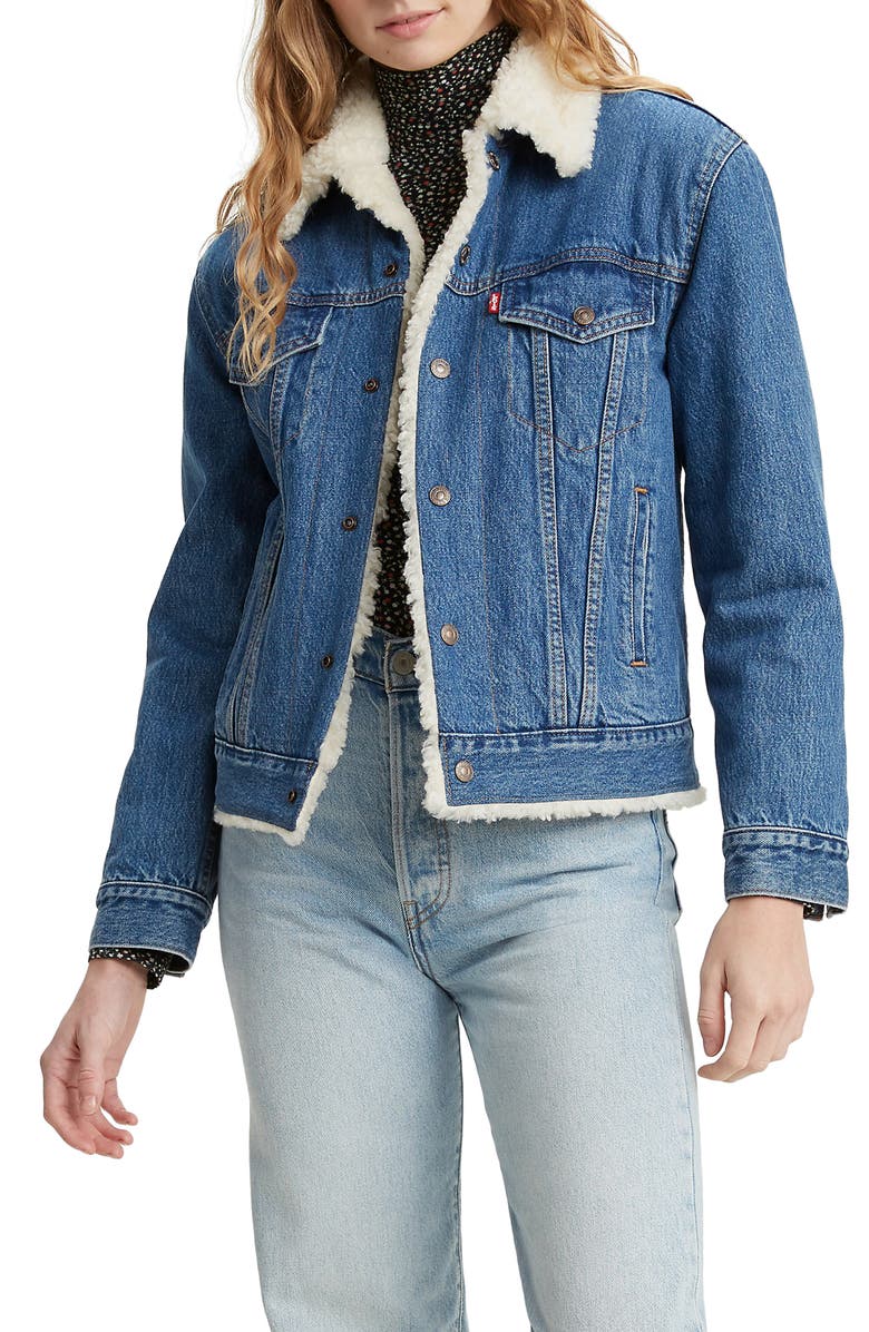 Levi's<sup>®</sup> Ex-Boyfriend Faux Shearling Denim Trucker Jacket, Main, color,