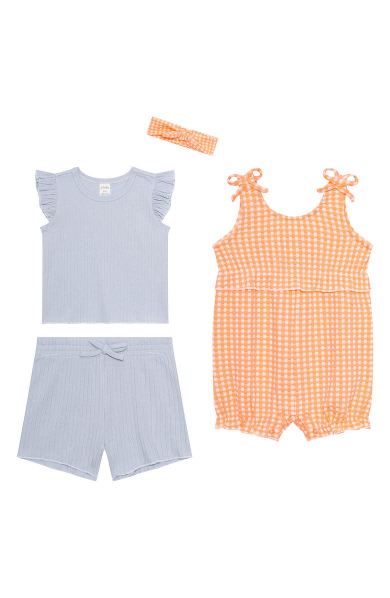 PL Baby by Petit Lem 4-Piece Top, Shorts, Romper & Headband Gift Set, Main, color, Peach