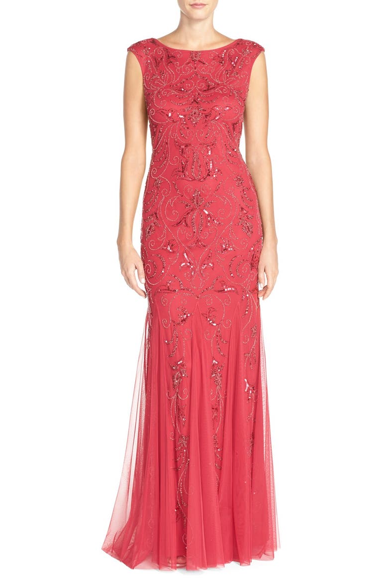 Beaded Mermaid Gown, Main, color, RADISH