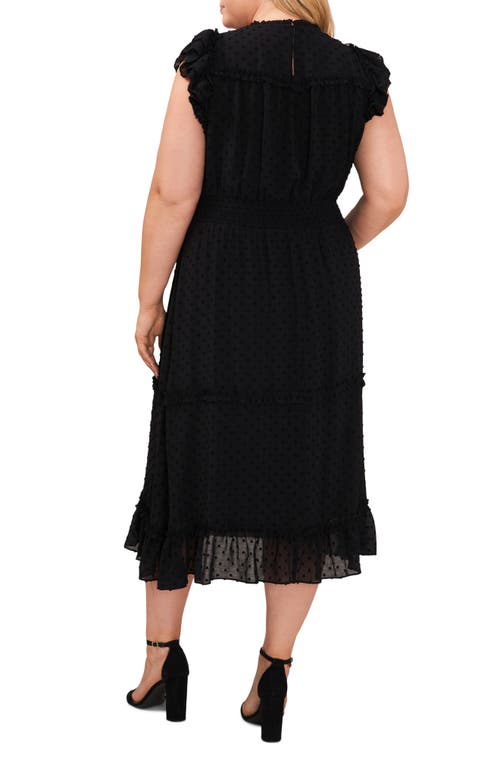 Cece Clip Dot Ruffle Tiered Midi Dress In Rich Black