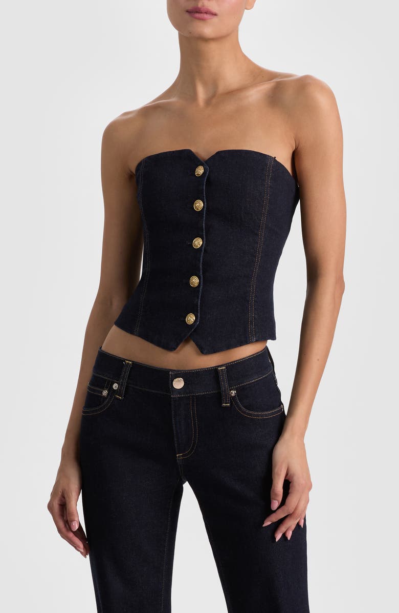 Alice + Olivia Kelcey Denim Corset Top, Main, color, Dark Rinse