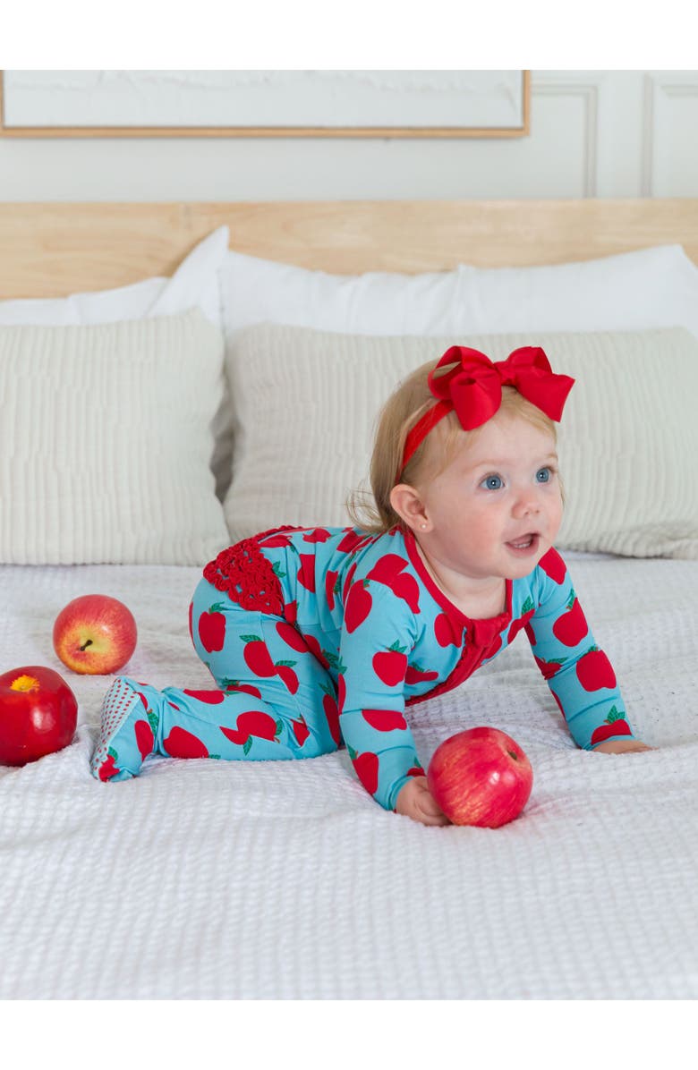 RuffleButts Baby Girls Modal Blend Ruffle One Piece Footie Pajamas, Alternate, color, Blue Apple Of My Eye