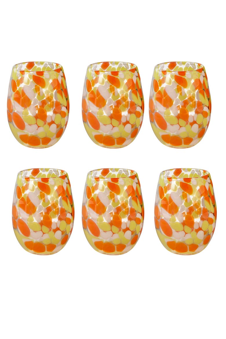 Confetti Glass Stemless Drinkware Set of 6 Orange Yellow, Main, color, Orange
