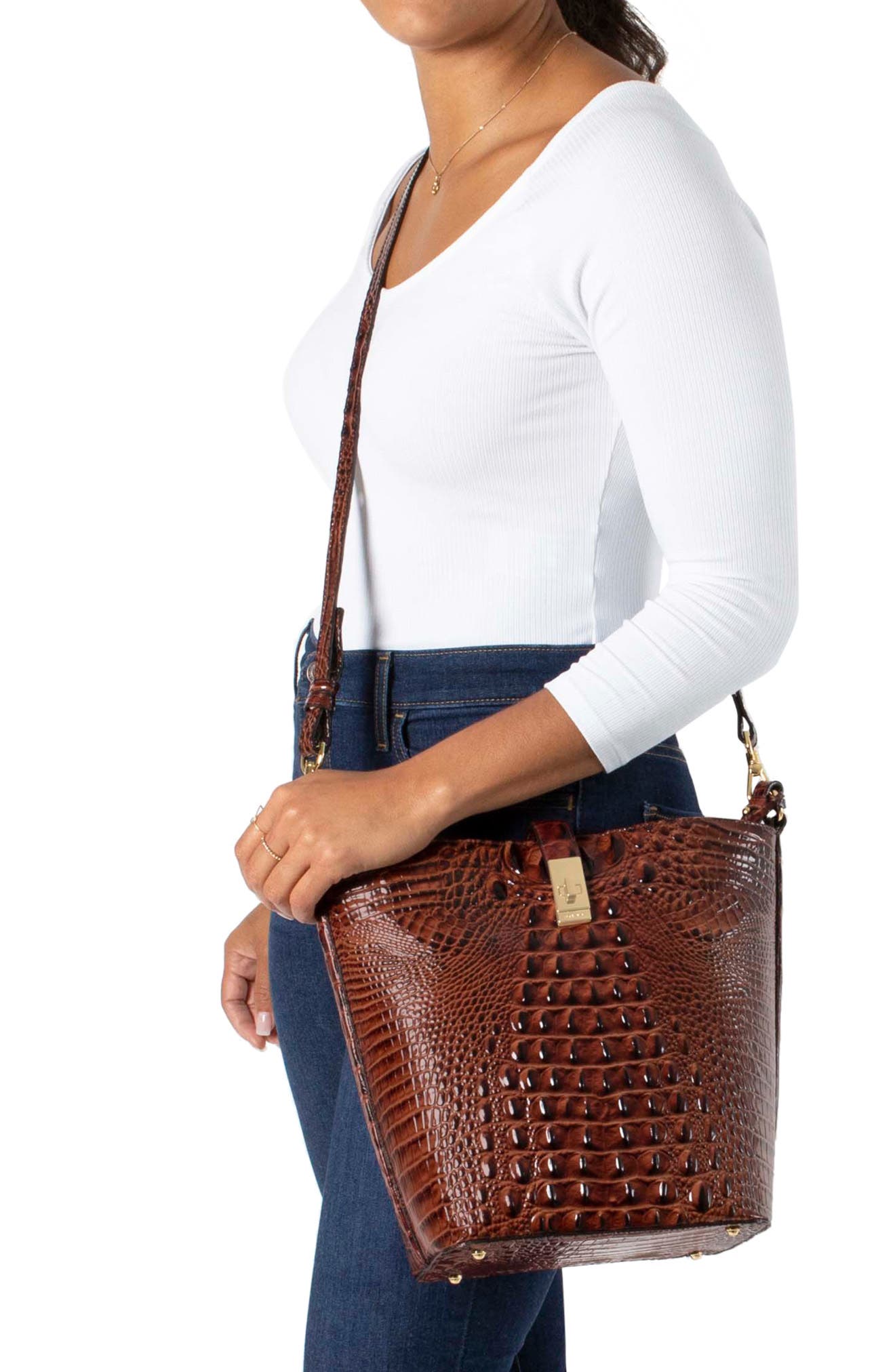 Brahmin Shira Genuine Shearling & Croc Embossed Leather Bucket Bag, Alternate, color, 