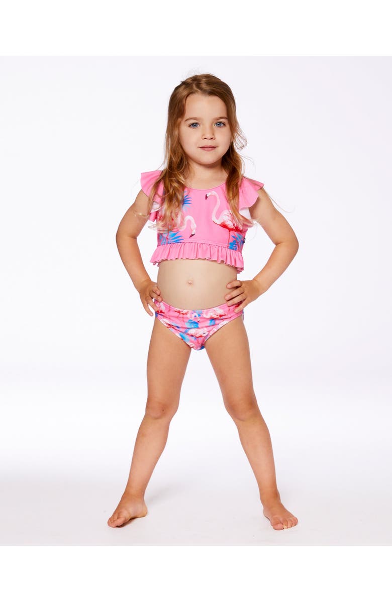 Deux par Deux Little Girl's Printed Two-Piece Swimsuit With Frills Candy Pink And Pink Flamingo, Alternate, color, 