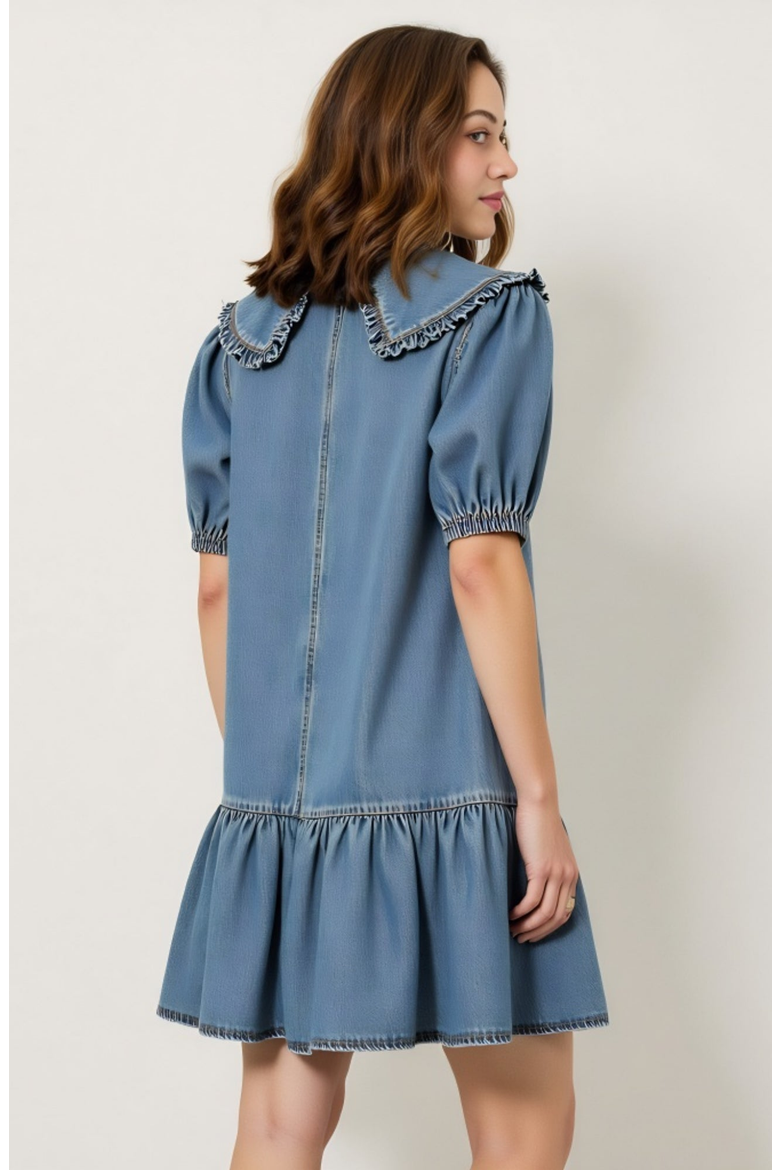 Ruffled Collar Dress with Puff Sleeves and Tiered Hem, Alternate, color, Light Blue