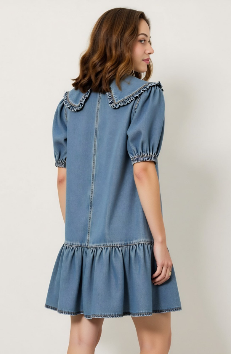 Modenaire Ruffled Collar Dress with Puff Sleeves and Tiered Hem, Alternate, color, Light Blue