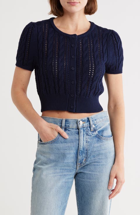 Crop Pointelle Short Sleeve Cardigan